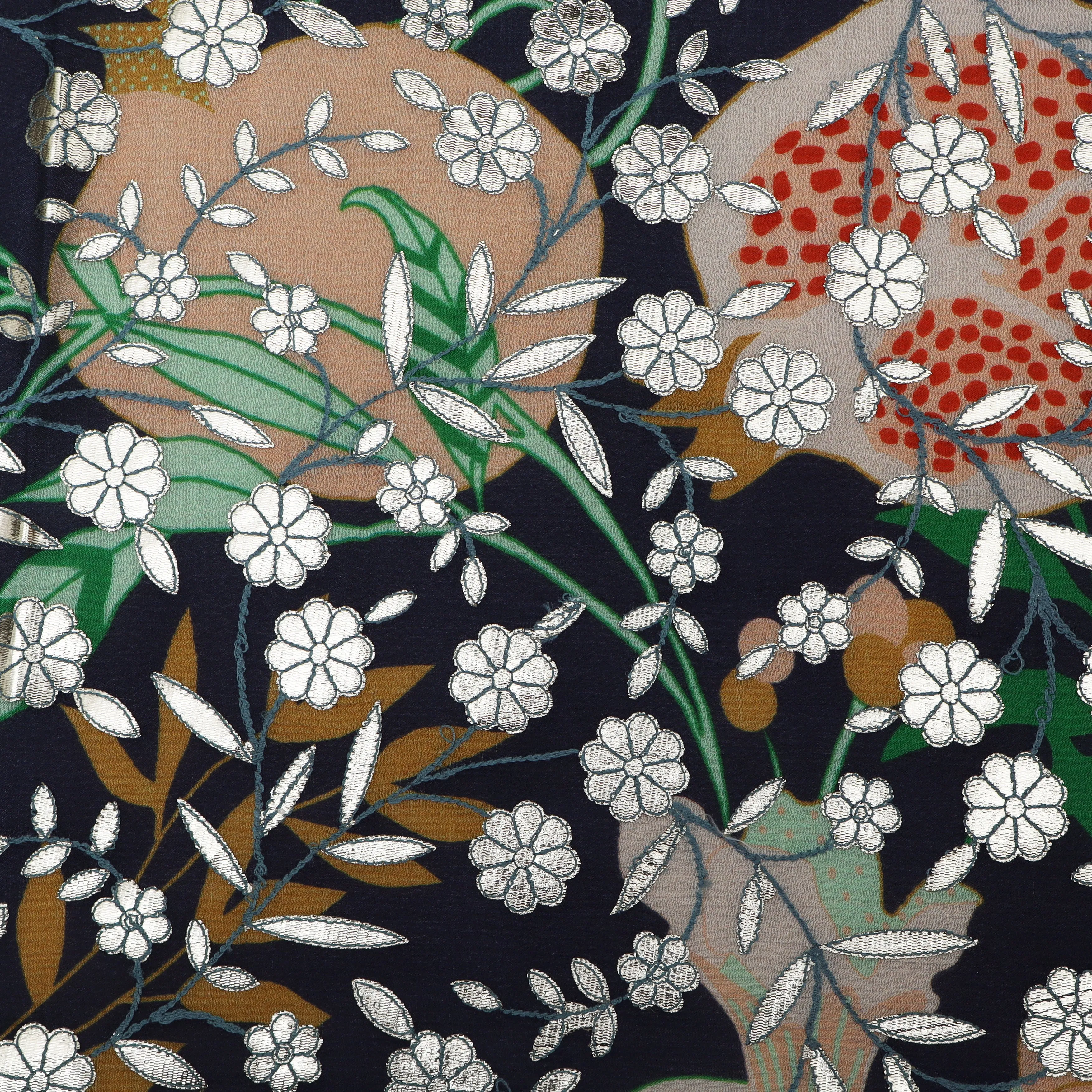 Navy Blue Color Chinon Hydra Print Gota Work Fabric